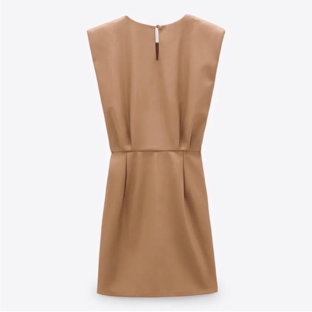 ZARA Faux Leather Padded Shoulder Mini Dress Womens Brown Sleeveless Size Large - Picture 13 of 15